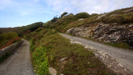 Wide-shot-of-two-coastal-roads-at-Bessy's-Cove,-The-Enys,-cornwall