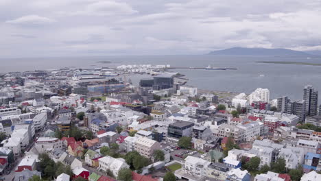 Reykjavik-in-Iceland-pull-back-aerial-shot-looking-over-the-sea