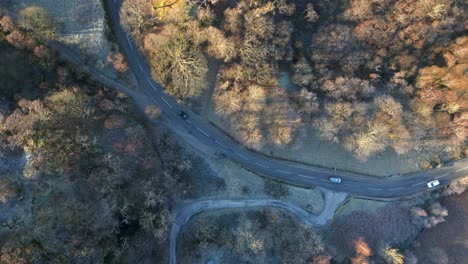 Cars-on-forest-road-downward-view-on-frosty-autumn-morning
