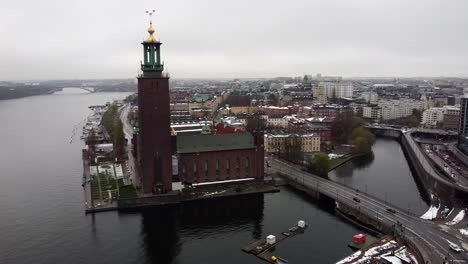 Aerial-trucking-pan-across-overcast-grey-day-of-Stockholm-city-skyline