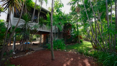 Elevated-House-with-Lush-Tropical-Gardens-and-Sunlit-Gravel-Pathways-with-sun-flares-coming-through-the-treetops