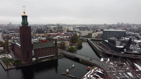 Aerial-pullback-above-gloomy-grey-day-of-sprawling-urban-city-of-Stockholm-Sweden