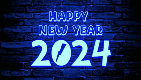 Flickering-Neon-Blue-Happy-new-year-2024-text-animation-motion-graphics-on-brick-wall-background