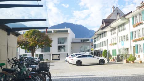 Interlaken-Immersive-POV:-Moving-Through-Early-Morning-City-Streets-In-Switzerland,-Europe,-Walking