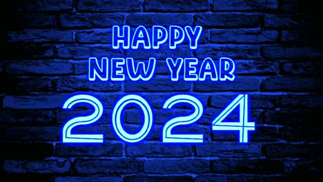 Neonblaues-Frohes-Neues-Jahr-2024,-Textanimation,-Bewegungsgrafiken,-Die-Auf-Ziegelwandhintergrund-Flackern