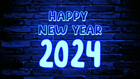 Neon-Blue-Happy-new-year-2024-text-flickering-animation-motion-graphics-on-brick-wall-background