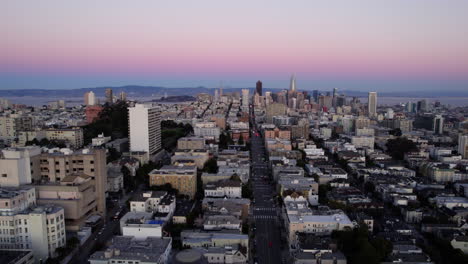 Aerial-view-over-the-California-street,-dusk-in-Pacific-Heights,-San-Francisco