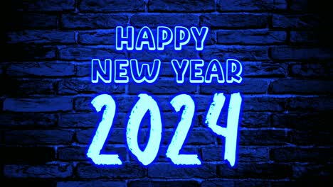 Neon-Flackerndes-Blaues-Frohes-Neues-Jahr-2024,-Textanimation,-Bewegungsgrafiken-Auf-Ziegelwandhintergrund