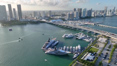 Drone-perspective:-Miami's-harbor-and-skyline-with-yachts