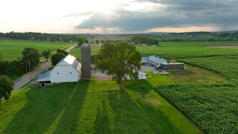 Rural-farmstead-at-sunset-with-grazing-cattle,-a-classic-barn,-silo,-and-expansive-green-fields