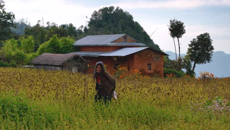 Abuela-De-La-Aldea-Nepalí-En-Una-Granja-De-Mijo-Y-Una-Casa-Tradicional-Con-Drones-Disparados-4k