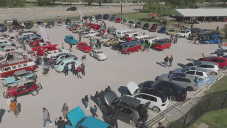 An-aerial-view-of-the-Wolfsburg-Houston-Edition-8-European-car-show-featuring-VW,-AUDI,-BMW,-and-other-European-car-enthusiasts-at-Clear-Lake-Park-in-Clear-Lake,-Houston,-Texas