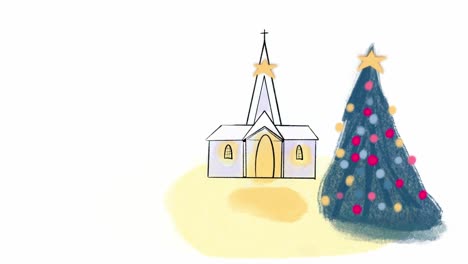 2-D-Handgezeichnete-Animation-Weihnachtsfeiertage-Dekoration-Auf-Einem-Weihnachtsbaum-Mit-Kirche
