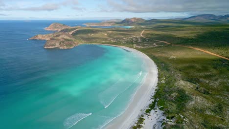 Aerial-panorama-view-of-a-beatiful-beach,-Lucky-Bay,-Esperance---Australia---orbit,-drone-shot