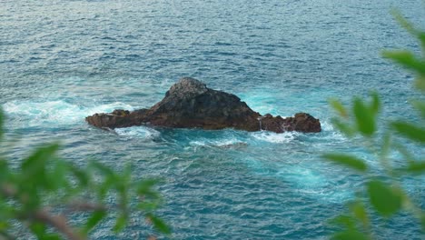 Großer-Felsen,-Der-Auf-Die-Wasseroberfläche-Im-Meer-Der-Kanarischen-Insel-Teneriffa-Blickt,-Mit-Baumblättern-Im-Vordergrund,-Statisch