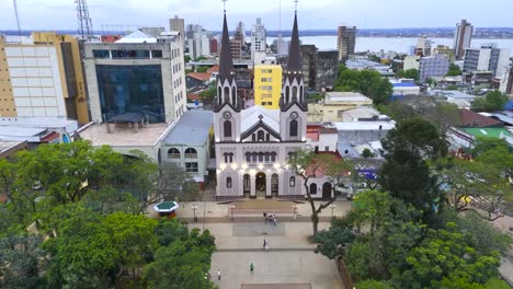 Aerial-view-of-the-cathedral-and-cityscape-background-in-Posadas,-Argentina