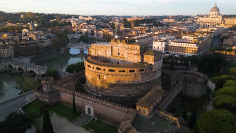 Drone-Orbits-Above-Castel-Sant'Angelo,-Reveals-Saint-Peter's-Basilica-in-Background