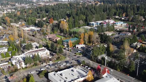 Drone-flight-over-Bellevue,-Washington