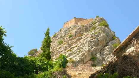 Borriol-Castle-in-Province-of-Castellon,-Valencian-Community,-Spain---Low-Angle-Shot