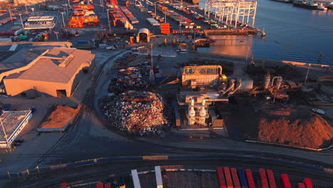 Aerial-View-Of-Scrapyard,-Recycling-Center-In-Port-of-Oakland-In-Oakland,-California