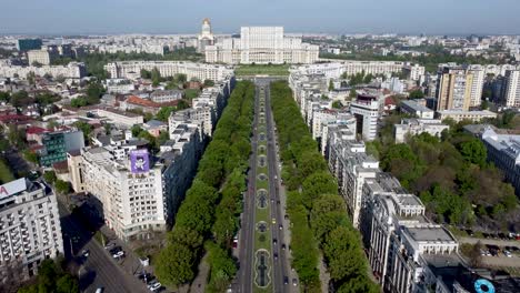 Drone-dolly-over-Unirii-Boulevard-toward-Palace-of-the-Parliament,-Bucharest