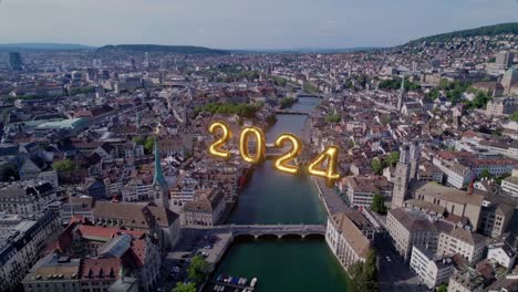 Vista-Aérea-De-La-Ciudad-De-Zurich,-Suiza,-Con-Una-Ilustración-De-La-Visualización-De-2024.