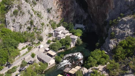 Historic-Sufi-monastery-and-waterfall,-Blagaj-Tekke,-Bosnia-and-Herzegovina