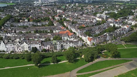 Wide-angle-aerial-view-of-the-edge-of-the-city-of-Dusseldorf-and-beyond