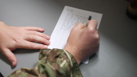 Ein-Nicht-Wiederzuerkennender-Armeesoldat-Schreibt-Mit-Papier-Und-Stift-In-Kampftarnuniform-Einen-Brief-Nach-Hause-Auf-Einen-Tisch