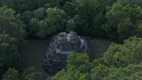 Famous-temple-ruins-at-Yaxha-Guatemala-filmed-from-above,-aerial