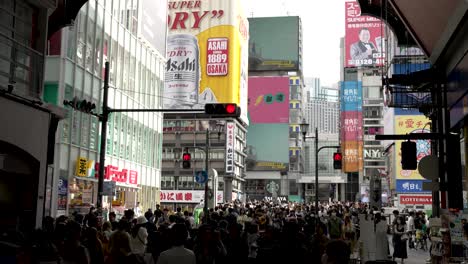 Over-Crowding-View-Of-People,-Tourists-Walking-Across-Ebisubashi-Bridge-In-Osaka