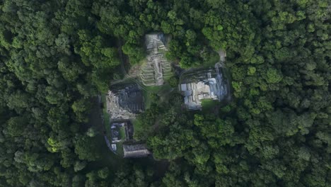 Top-down-view-of-North-Acropolis-maya-ruins-near-Tikal-at-Guatemala,-aerial