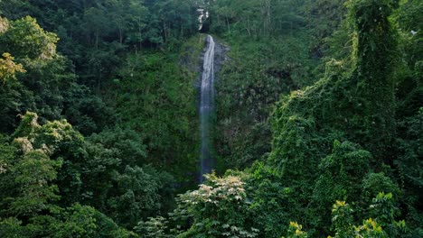 Mystical-waterfall-in-fresh-tropical-rainforest,-drone-forward-establisher