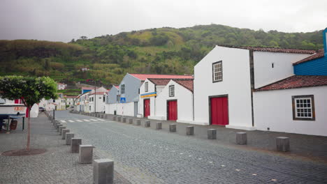 Wide-panoramic-shot-of-empty-local-town-in-the-Azores-Islands,-Atlantic-Ocean,-Portugal