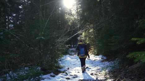 A-young-woman-encourages-us-to-follow-her-along-a-snow-covered-trail-in-the-Vosges-Mountains