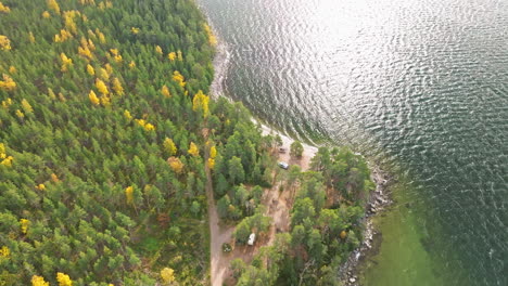 Sweden---Enchanting-Autumn-Landscape-With-Birch-and-Fir-Forests-Along-the-Coastal-Sea,-a-Spot-in-Nature-Where-Campers-can-Park-and-the-Sun's-Rays-Illuminate-the-Scene---Aerial-Drone-Shot