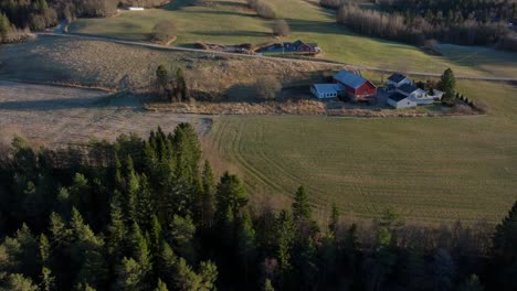 -Indre-Fosen,-Trondelag-County,-Norway---A-View-of-Houses-on-the-Farm-Surrounded-by-Green-Foliage-in-November---Aerial-Pan-Left