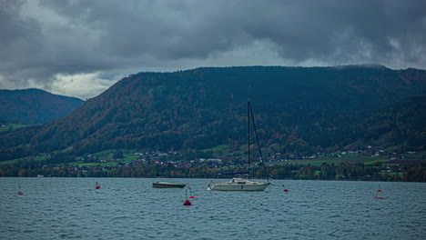 Time-lapse-of-Austrian-town-in-the-Alps-near-the-lake-Attersee,-Europe