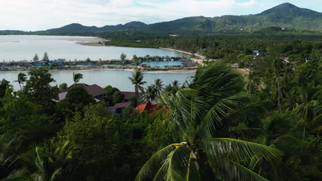 Exotic-coastline-on-Koh-Phangan-party-island-in-Thailand,-aerial-view