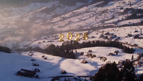 Volando-Sobre-La-Región-Del-Valle-Montañoso-De-Amden-Con-Números-Dorados-De-Año-Nuevo-2025