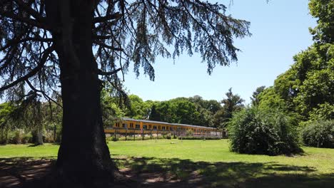 Ein-Gelber-Urquiza-Zug-Fährt-Am-Agronomia-Urban-Park-Der-Argentinischen-Stadtbahn-Von-Buenos-Aires-Vorbei