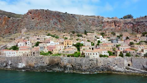 Aerial-view-of-the-village-of-Monemvasia-off-the-east-coast-of-the-Peloponnese,-Greece