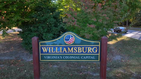Williamsburg-sign.-Virginia's-Colonial-Capital.-Aerial-rising-shot
