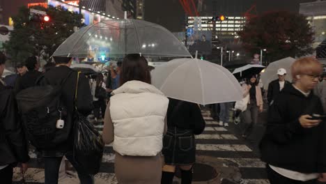 Caminando-Sobre-El-Cruce-De-Shibuya-De-Noche-Durante-La-Lluvia,-Punto-De-Vista,-Tokio,-Japón