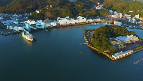 Aerial-High-Point-of-View-Pan-over-Toba-City-and-Mikimoto-Pearl-Island