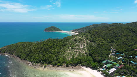 Mae-Haad-beach-in-Ko-Pha-ngan-island,-aerial-drone-view
