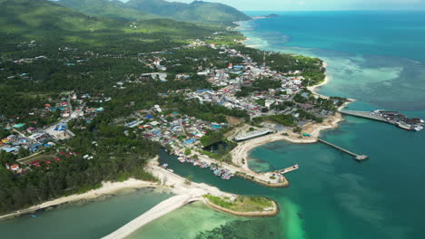 Commercial-Pantip-town-area-in-Koh-Phangan-island,-aerial-drone-view