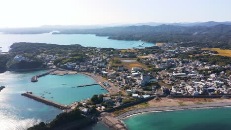 4k-Aerial-View,-Beautiful-Seaside-Town-in-Osatsu-Japan