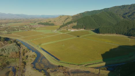 Aerial-view-above-wetlands-and-green-fields-in-rural-countryside-landscape-of-Te-Paranui-in-South-Island-of-New-Zealand-Aotearoa