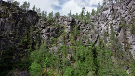 Passing-rocks-and-stubborn-trees,-a-drone-climbs-up-up-out-of-the-Jutulhogget-canyon-in-Norway